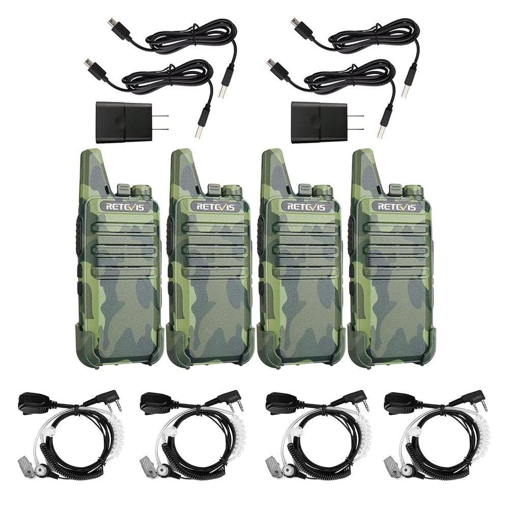 Retevis RT22 Walkie Talkies Rechargeable(4 Pack) with Earpieces(4 Pack), Voice Activated, Emergency Alarm, Acoustic Tube Headset, Coil, 2 Pin