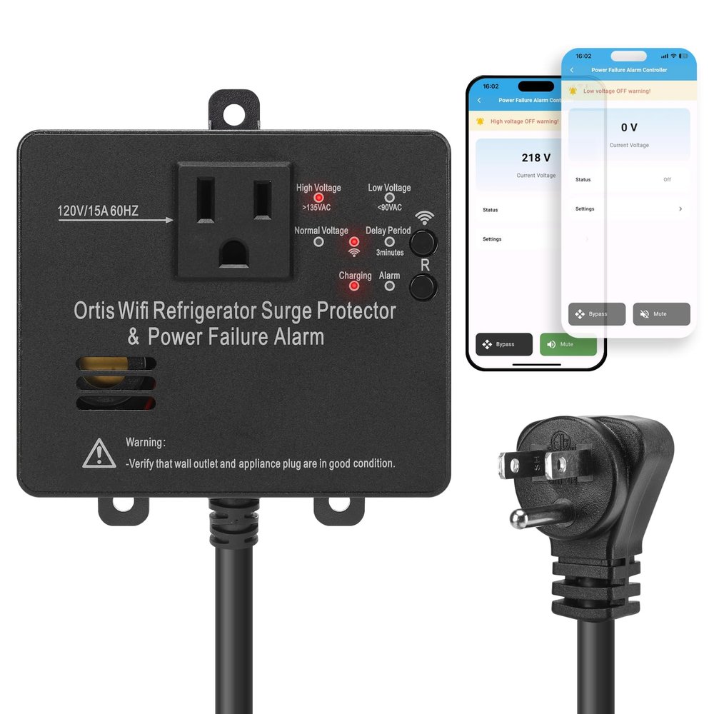 Wi-Fi Smart Power Failure Alarm with Surge Protector, Remotely Monitor and Control Your Refrigerator Via App, Ensuring The Safety of Refrigerator and Food Stored Inside, Black