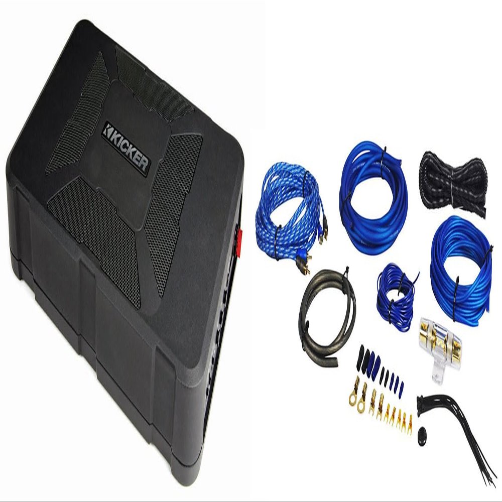Audiosavings Bundle: Kicker 51HS8 Hideaway Under-Seat Powered Car Audio Subwoofer Compact Sub Bundle with Rockville RWK81 8 Gauge Complete Amp Installation Wire Kit with Copper RCA (2 Items)