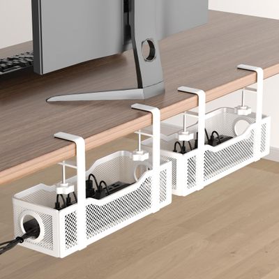 2 Pack Under Desk Cable Management Box White, Cinati 26.8" Wire Organizers No Drill, Cord Organization Tray with Clamp for Office, Home - No Damage to Desk