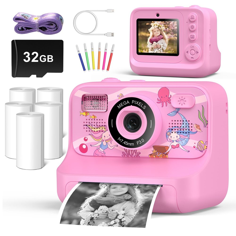 Instant Print Camera for Kids Age 3-12 Girls Boys 1080P HD Digital Video Cameras with 5 Print Paper & 32G Card Toddler Portable Travel Toys Camera for Christmas Birthday Gifts