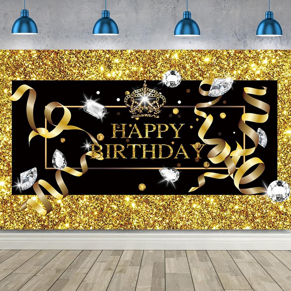 15x8ft Happy Birthday Backdrop Black and Gold Crown Diamond Luxury Background Party Supplies Glitter Dots Banner Wall Decoration Cake Table Decor Photography Women Men Photo Studio Props