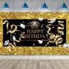 15x8ft Happy Birthday Backdrop Black and Gold Crown Diamond Luxury Background Party Supplies Glitter Dots Banner Wall Decoration Cake Table Decor Photography Women Men Photo Studio Props view 1