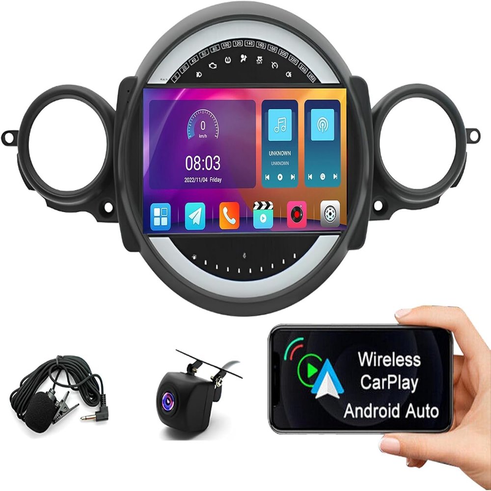 9" Android 13 Double Din Car Stereo with Wireless Carplay Android Auto for Mini Cooper R56 2007-2014 IPS Car Audio Receiver w/WiFi GPS Bluetooth AHD Backup Camera Mic,SWC/AV in/FM Radio Receiver