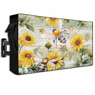 Hsqirky Outdoor TV Cover for 52 to 55 Inch, Sunflower Bee Weatherproof & Waterproof Outside TV Covers with Remote Pockets, Vintage Summer Botanical Farmhouse Outdoor TV Enclosure for LED, LCD TVs