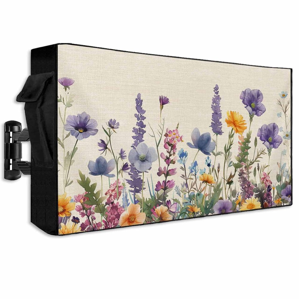 Hsqirky Outdoor TV Cover for 60 to 65 Inch, Spring Floral Weatherproof & Waterproof Outside TV Covers with Remote Pockets, Purple Flowers Summer Botanical Rustic Outdoor TV Enclosure for LED, LCD TVs