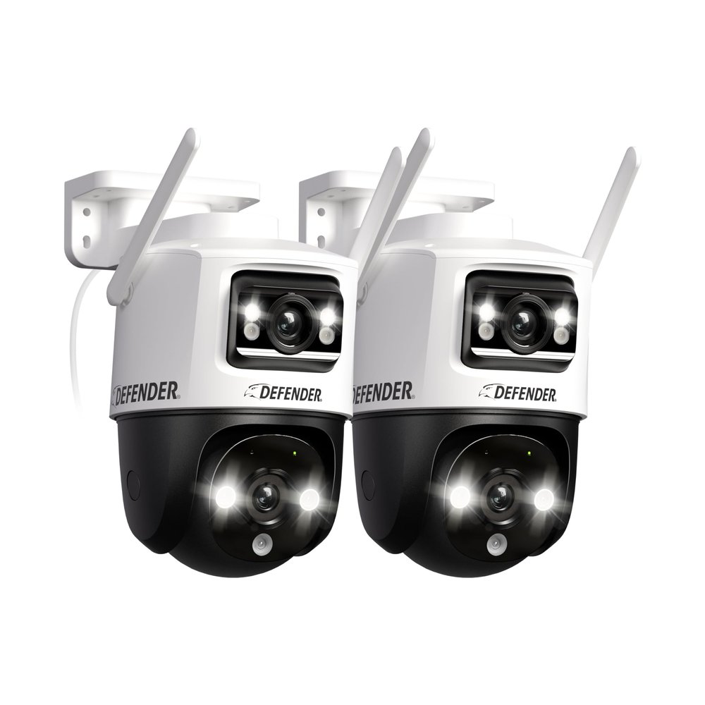 Defender AI Powered Guard Pro 3K Plus Dual Lens PTZ WiFi 6/Bluetooth Plug-in Power Security Camera, Human/Vehicle Detection, AI Auto-Tracking, Night Vision, Works w/Guard App, 2 Pack