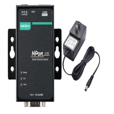 Moxa NPort 5130 with Adapter - 1 Port Device Server, US Plug, 10/100M Ethernet, RS422/485, DB9 Male, 12-48VDC, 0 to 55C (Adapter Included)
