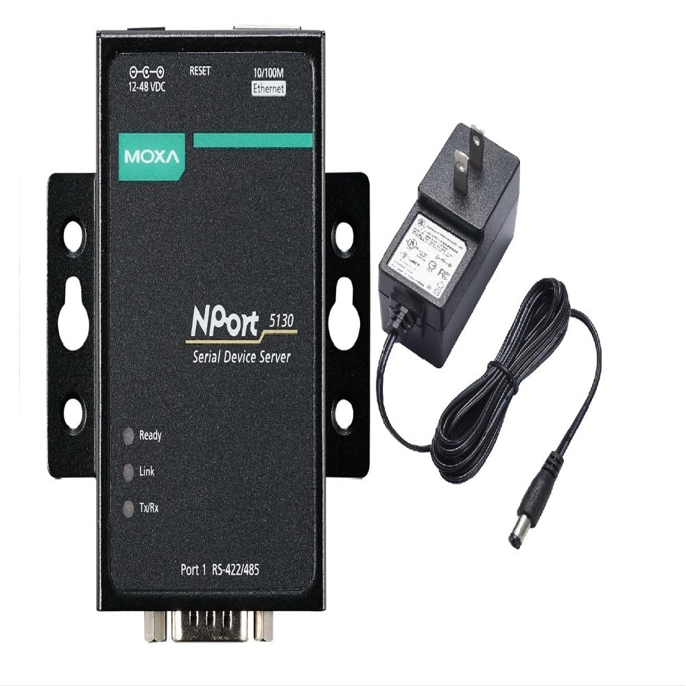 Moxa NPort 5130 with Adapter - 1 Port Device Server, US Plug, 10/100M Ethernet, RS422/485, DB9 Male, 12-48VDC, 0 to 55C (Adapter Included)