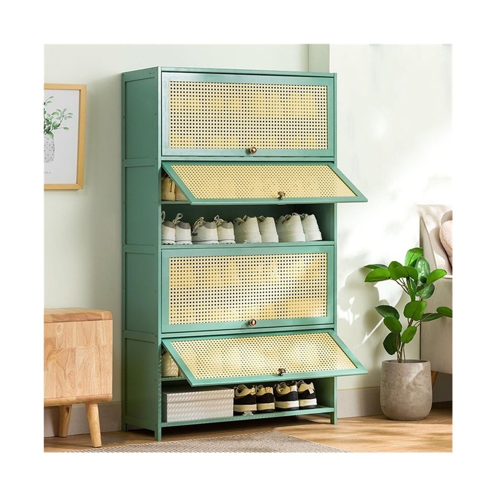 FURUIM2024M Shoes Shelf Shoe Cabinet - Multi Layer Shoe Storage Cabinet, Free Standing Shoe Organizer with Flip-up Doors, for Closet Hallway Bedroom Entryway, Green Stackable Shoe Rack(60x33x140CM)