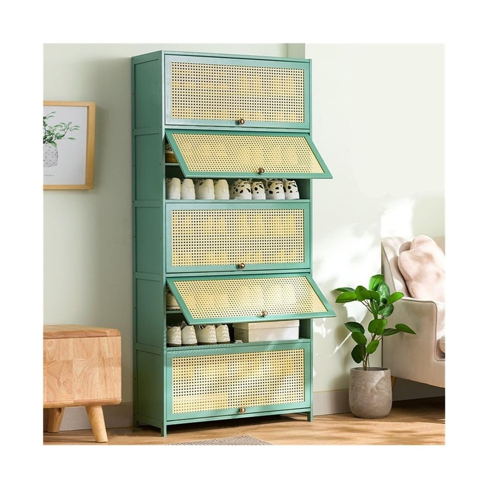 FURUIM2024M Shoes Shelf Shoe Cabinet - Multi Layer Shoe Storage Cabinet, Free Standing Shoe Organizer with Flip-up Doors, for Closet Hallway Bedroom Entryway, Green Stackable Shoe Rack(80x33x172CM)