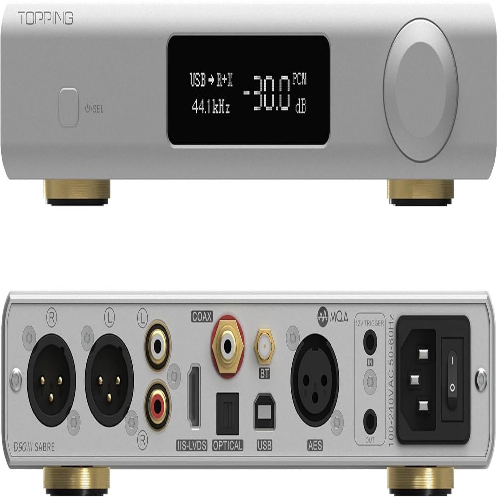 Auinshifiman Topping D90 III Sabre MQA Balance HiFi DAC 2X ES9039SPRO Chip Bluetooth 5.1 ES9039SPROx2 DSD512 PCM32bit/768kHz USB/BT/Coax/Opt/AES/IIS DA Converter Desktop Audio Preamp Decoder (Silver