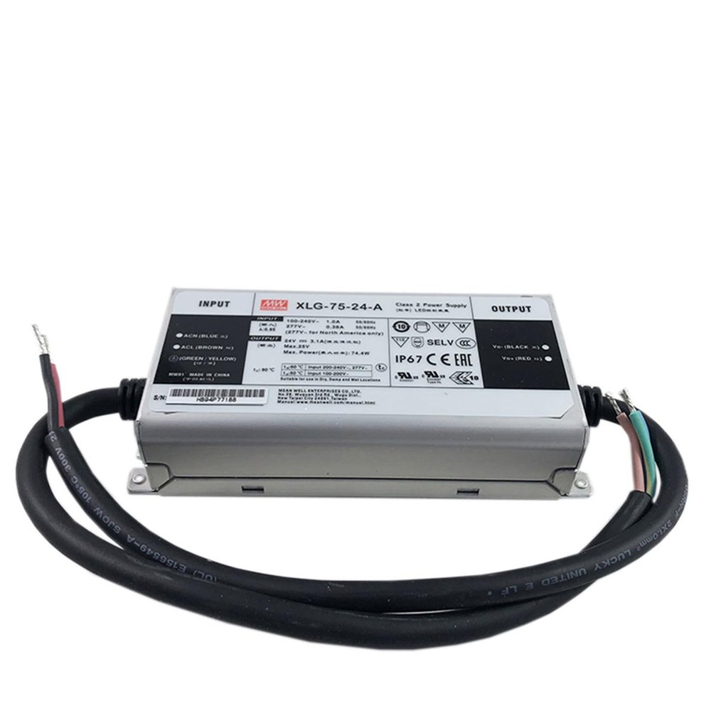 DrapeMania XLG-75-24-A Industrial Power Supply, 24V 3.13A 75W, IP67 Waterproof, 100-305VAC Input, 6KV/4KV Surge, -40F to +198F