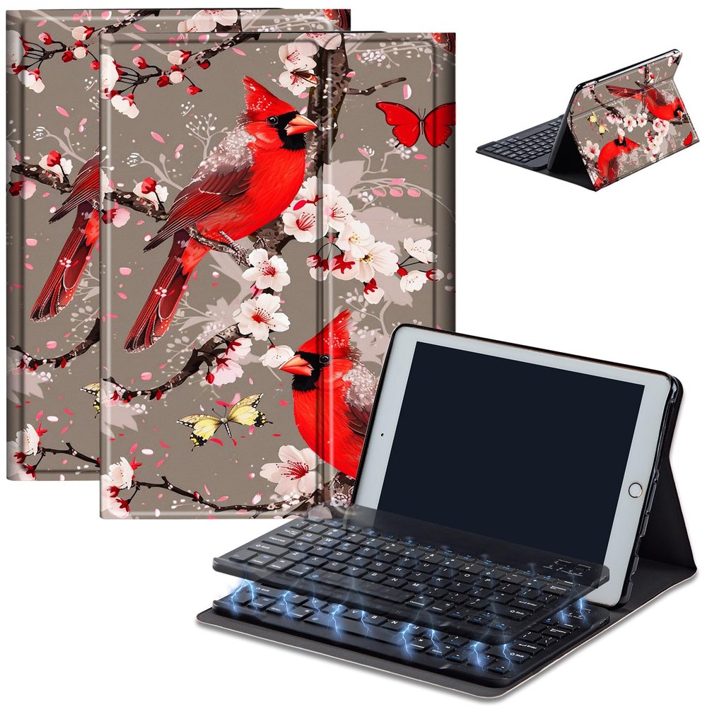 Case for Amazon Fire HD 10 & 10 Plus Tablet (13th/11th Generation, 2023/2021 Release) 10.1" with Keyboard, PU Leather Multiple-Angles Keyboard Case for Amazon Fire Tablet 10, Red Cardinals