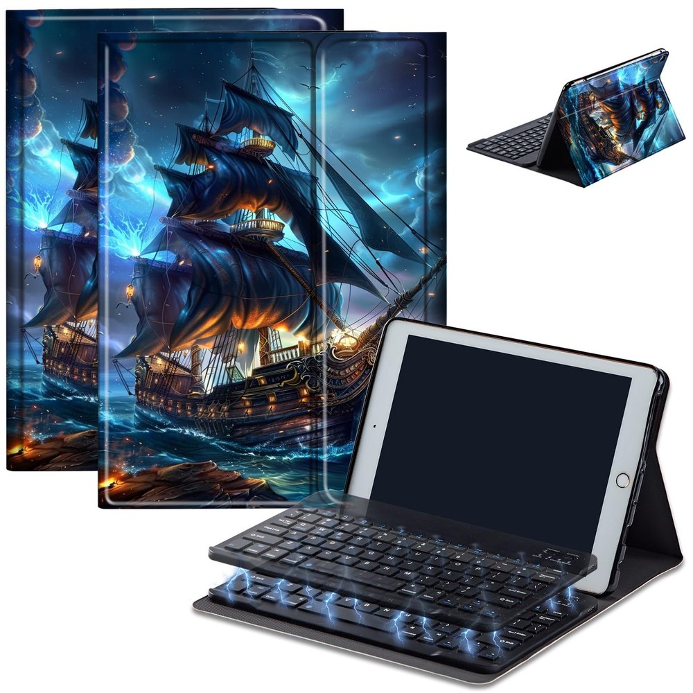Case for Amazon Fire HD 10 & 10 Plus Tablet (13th/11th Generation, 2023/2021 Release) 10.1" with Keyboard, PU Leather Multiple-Angles Keyboard Case for Amazon Fire Tablet 10, Dark Pirate Ship