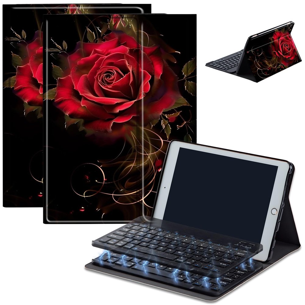 AIRWEE Case for Amazon Fire HD 10 & 10 Plus Tablet (13th/11th Generation, 2023/2021 Release) 10.1" with Keyboard, PU Leather Multiple-Angles Keyboard Case for Amazon Fire Tablet 10, Dark Red Rose
