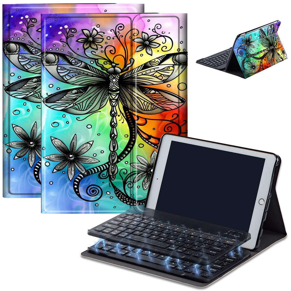 Case for Amazon Fire HD 10 & 10 Plus Tablet (13th/11th Generation, 2023/2021 Release) 10.1" with Keyboard, PU Leather Multiple-Angles Keyboard Case for Amazon Fire Tablet 10, Dragonfly Flowers