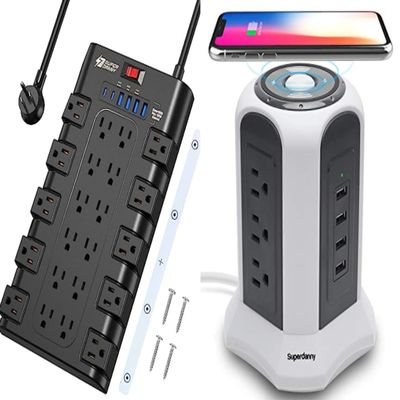 10ft Power Strip Tower Wireless Charger & SUPERDANNY Surge Protector Power Strip with 45W Type-C Fast Charging USB Ports, 4 USB-A, 2 USB-C,6.5Ft Flat Plug Extension Cord for Home