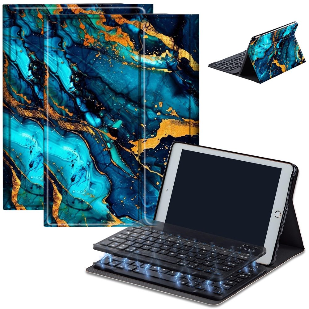 AIRWEE Case for Amazon Fire HD 10 & 10 Plus Tablet (13th/11th Generation, 2023/2021 Release) 10.1" with Keyboard, PU Leather Multiple-Angles Keyboard Case for Amazon Fire Tablet 10, Blue Gold Marble
