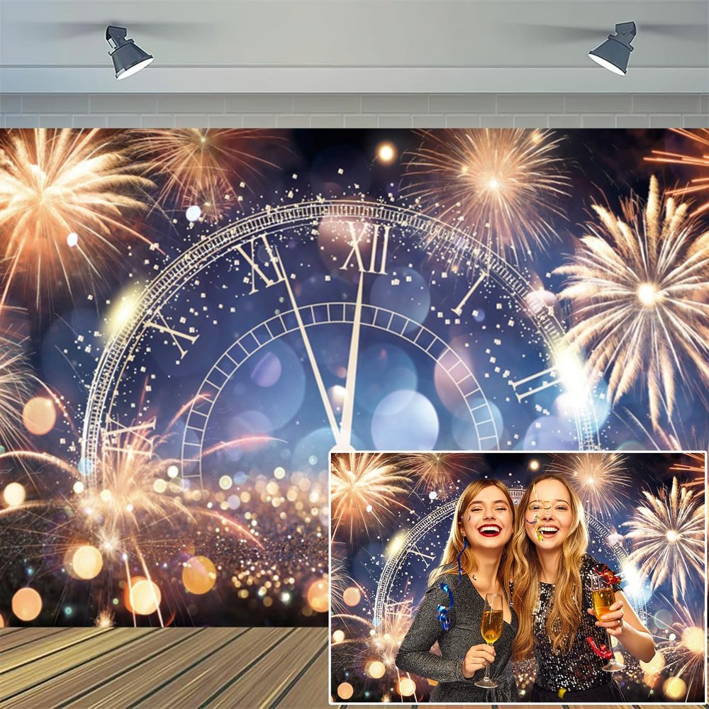 10x5ft Vinyl XMJJKUF New Year Backdrop Bokeh Gold Dots Glitter Fireworks Countdown Clock Background Happy New Year Celebration Party Decors Photo Studio Props