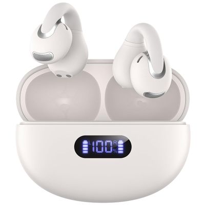 Jzones Open Ear Clip Wireless Earbuds Bluetooth 5.4, Lightweight Comfort Sports Bone Conduction Headphones Built-in Mic for Clear Audio, Stable Fit Earphones 24H Play-Beige