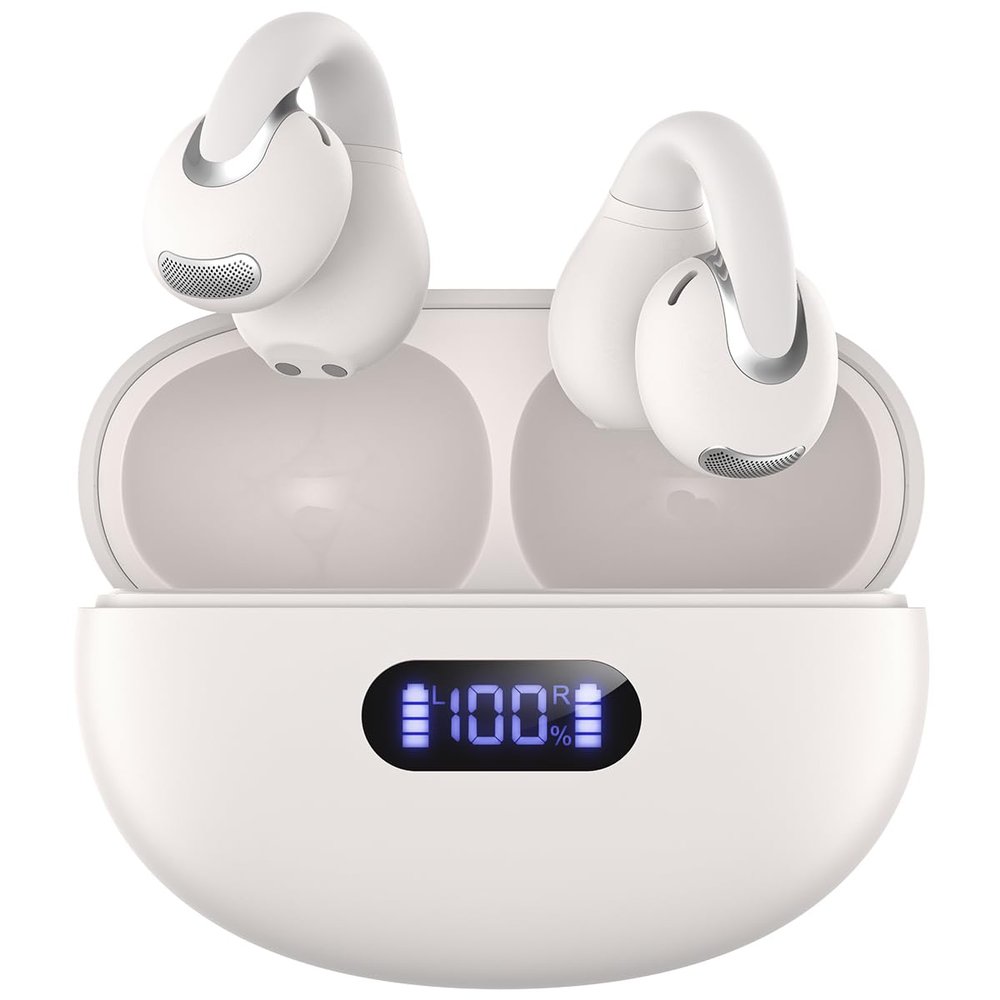Jzones Open Ear Clip Wireless Earbuds Bluetooth 5.4, Lightweight Comfort Sports Bone Conduction Headphones Built-in Mic for Clear Audio, Stable Fit Earphones 24H Play-Beige