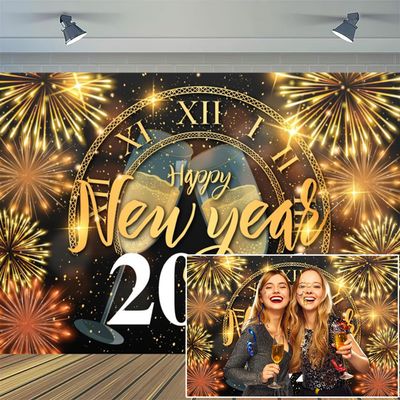 15x10ft Vinyl XMJJKUF Happy New Year 2026 Backdrop Gold Champagne Sparkling Fireworks Countdown Clock Background New Year Festival Party Supplies Photo Booth Props