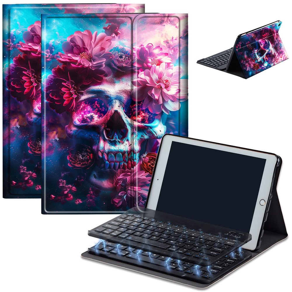 Case for Amazon Fire HD 10 & 10 Plus Tablet (13th/11th Generation, 2023/2021 Release) 10.1" with Keyboard, PU Leather Multiple-Angles Keyboard Case for Amazon Fire Tablet 10, Rose Skull