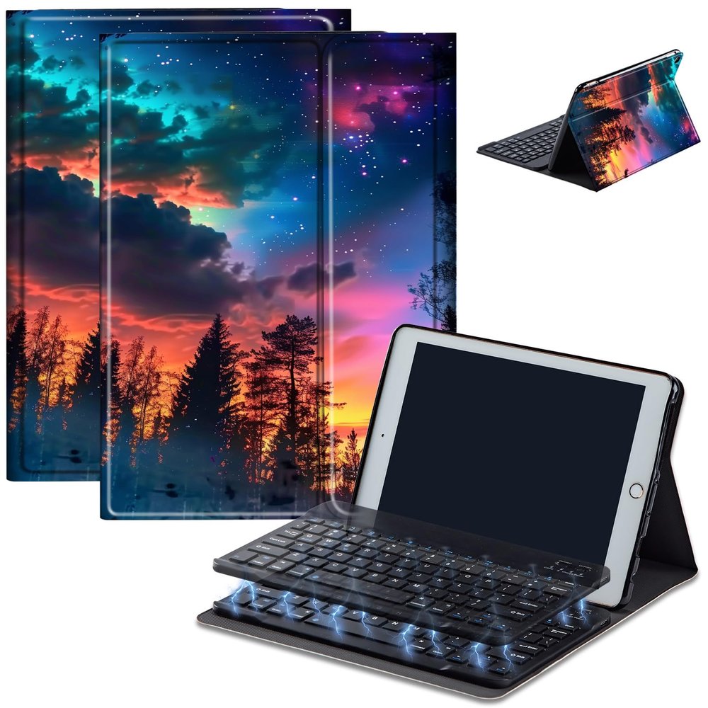AIRWEE Case for Amazon Fire HD 10 & 10 Plus Tablet (13th/11th Generation, 2023/2021 Release) 10.1" with Keyboard, PU Leather Multiple-Angles Keyboard Case for Amazon Fire Tablet 10, Sunset Forest
