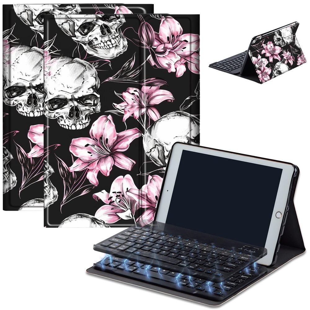 Case for Amazon Fire HD 10 & 10 Plus Tablet (13th/11th Generation, 2023/2021 Release) 10.1" with Keyboard, PU Leather Multiple-Angles Keyboard Case for Amazon Fire Tablet 10, Flower Skull