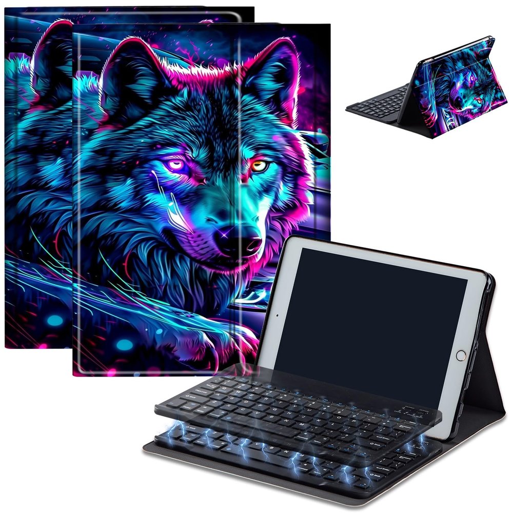Case for Amazon Fire HD 10 & 10 Plus Tablet (13th/11th Generation, 2023/2021 Release) 10.1" with Keyboard, PU Leather Multiple-Angles Keyboard Case for Amazon Fire Tablet 10, Neon Wolf