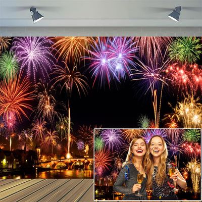 10x7ft Vinyl XMJJKUF Happy New Year Backdrop Colorful Firework River Bridge Nightscape Background New Year Eve Party Portrait Photo Studio Props