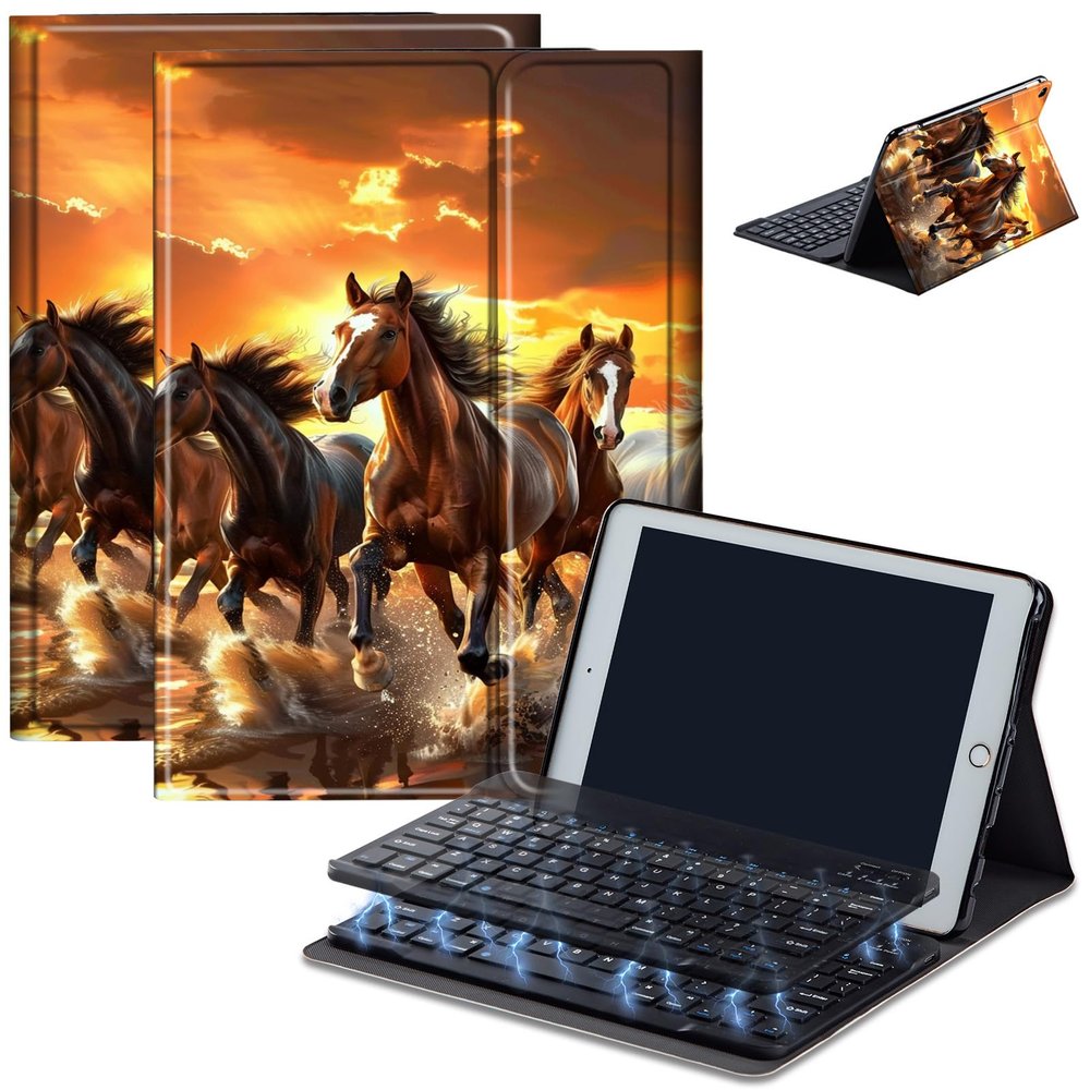 Case for Amazon Fire HD 10 & 10 Plus Tablet (13th/11th Generation, 2023/2021 Release) 10.1" with Keyboard, PU Leather Multiple-Angles Keyboard Case for Amazon Fire Tablet 10, Horses Running