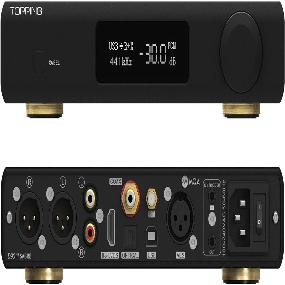 Auinshifiman Topping D90 III Sabre MQA Balance HiFi DAC 2X ES9039SPRO Chip Bluetooth 5.1 ES9039SPROx2 DSD512 PCM32bit/768kHz USB/BT/Coax/Opt/AES/IIS DA Converter Desktop Audio Preamp Decoder (Black)