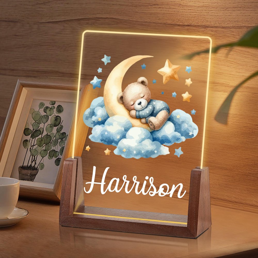 TINYHOMES Custom Bear Night Light for Baby Girls Boys Customized Easter Birthday Gifts Acrylic Plaque Personalized Baby Nursery Decor Milestone Plaque with Name Christmas Unique Gifts for Kids