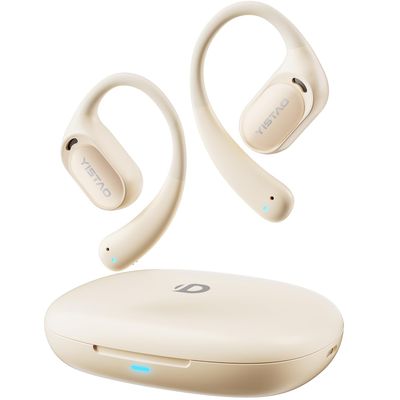 Yistao Open Ear Headphones with 35 Hours Playtime, True Wireless Air Conduction Earbuds Featuring Ear Hooks, Bluetooth 5.3, IPX6 Waterproof Design, Comfortable and Secure Fit for Sports - Beige