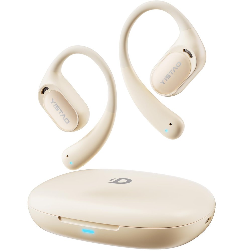 Yistao Open Ear Headphones with 35 Hours Playtime, True Wireless Air Conduction Earbuds Featuring Ear Hooks, Bluetooth 5.3, IPX6 Waterproof Design, Comfortable and Secure Fit for Sports - Beige