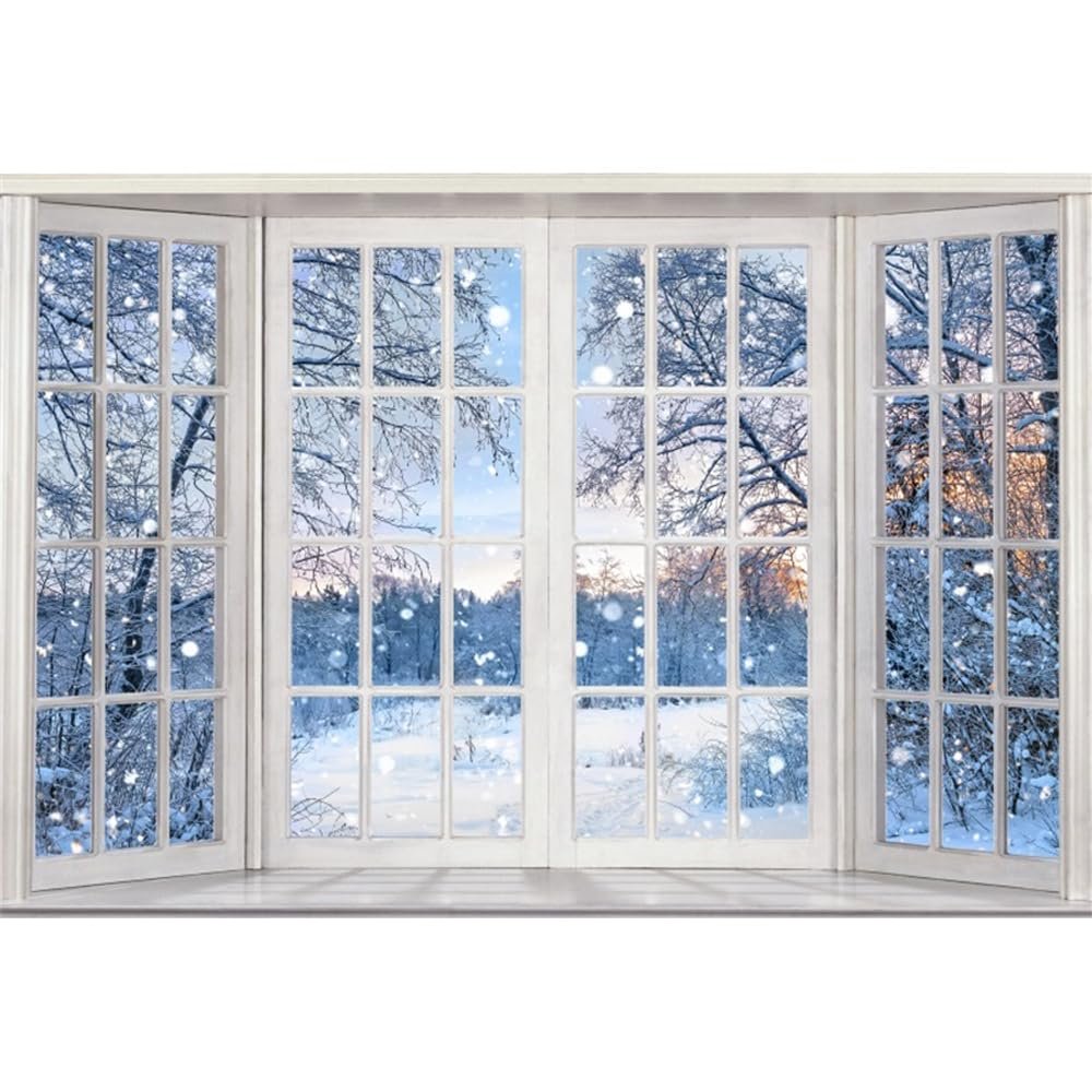 YongFoto Winter Snow Window Scene Backdrop 20x10ft Tree Rime Snowfield Snowy Photography Background Christmas New Year Event Party Banner Room Decor Portraits Photoshoot Wallpaper Studio Booth Props