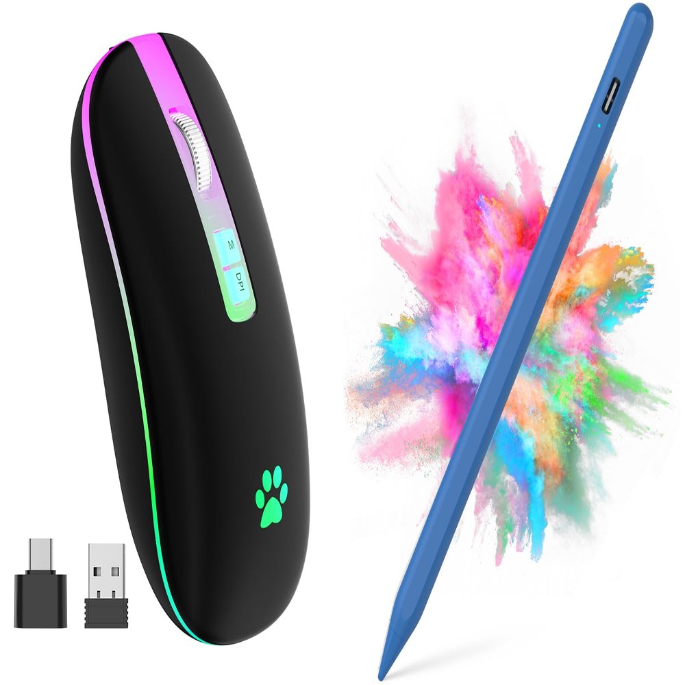 2.4G Rechargeable Wireless Mouse, 7 Color Breathing Lights Computer Mouse (Black-Transparent Nose) Bundle with Stylus Pen for iPad, Apple Pencil for iPad 2018-2023 with Palm Rejection (Navy Blue)