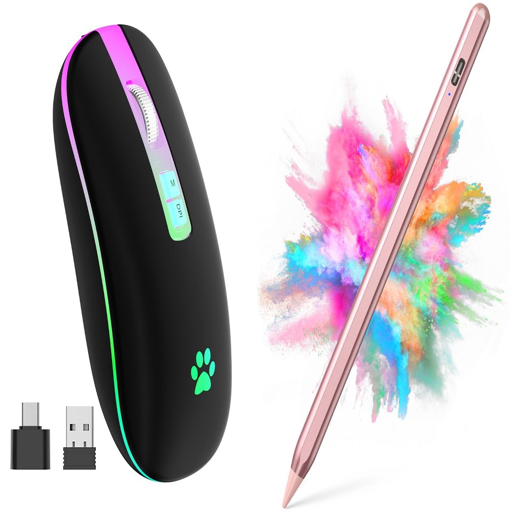 2.4G Rechargeable Wireless Mouse, 7 Color Breathing Lights Computer Mouse (Black-Transparent Nose) Bundle with Stylus Pen for iPad, Apple Pencil for iPad 2018-2023 with Palm Rejection (Rose Gold)