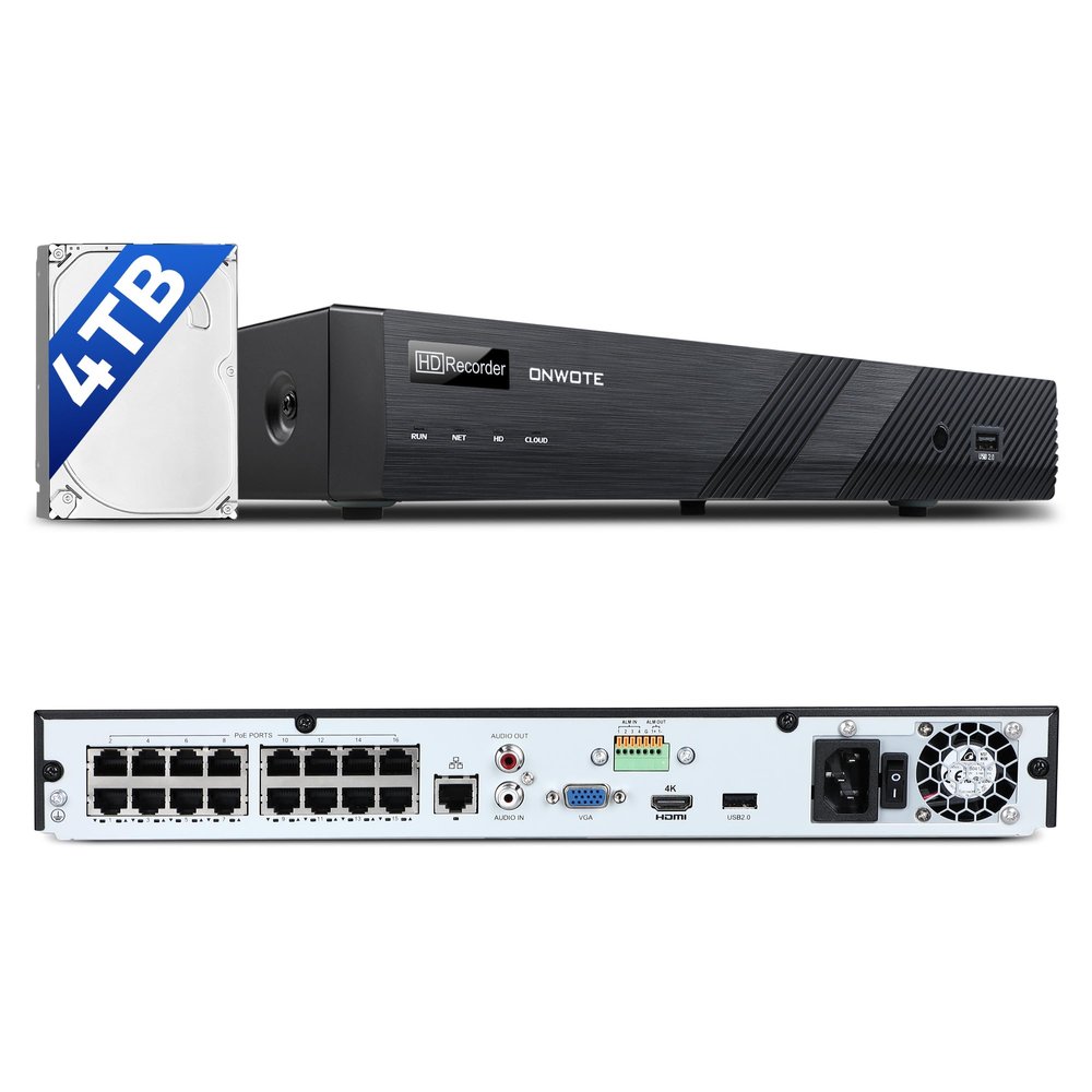 ONWOTE 12MP 16 Channel PoE NVR (Built-in 16 PoE Ports), 4TB HDD Included, Smart AcuSearch, Only Work with ONWOTE PoE IP Cameras, 16CH 6K 4K 8MP NVR Security Video Audio Recorder, 2 SATA Support 20TB