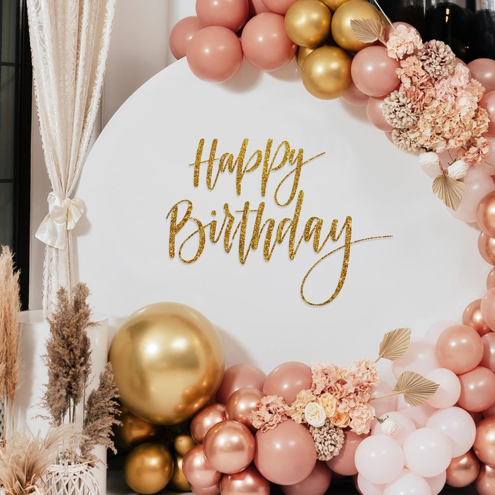 Sinload Happy Birthday Sign for Backdrop, Disposable Party Decoration, Easy Stick& Peel Wall Decal for Photo Background, Balloon Arch Decor(Gold)