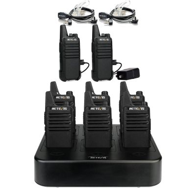 Retevis RT22 Walkie Talkies Rechargeable 8 Pack Bundle with 6 Way Multi Gang Charger and Earpiece (2 Pack), Keypad Lock, VOX Handsfree, Portable FRS Two-Way Radios Long Range