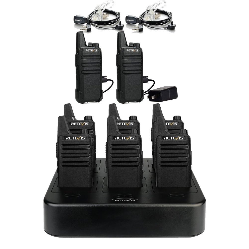 Retevis RT22 Walkie Talkies Rechargeable 8 Pack Bundle with 6 Way Multi Gang Charger and Earpiece (2 Pack), Keypad Lock, VOX Handsfree, Portable FRS Two-Way Radios Long Range