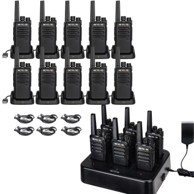 Retevis RT68 Walkie Talkies 16 Pack Bundle with 6 Way Multi Charger and Earpiece 6 Pack, Portable FRS Two-Way Radios Rechargeable, Long Range, Rugged 2 Way Radios for Adults School Church