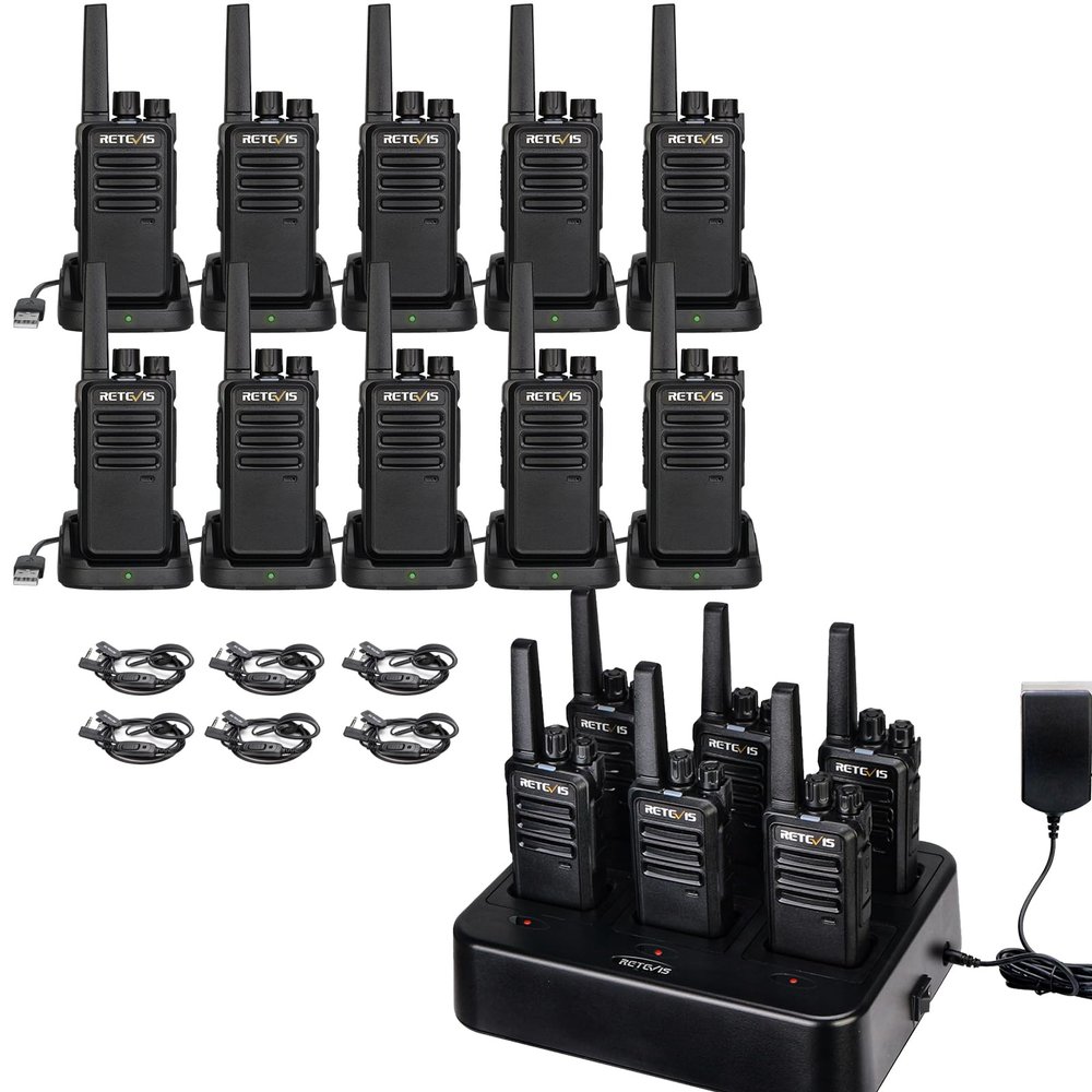 Retevis RT68 Walkie Talkies 16 Pack Bundle with 6 Way Multi Charger and Earpiece 6 Pack, Portable FRS Two-Way Radios Rechargeable, Long Range, Rugged 2 Way Radios for Adults School Church