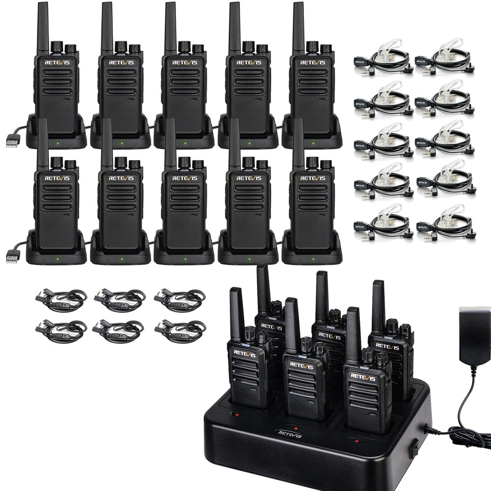 Retevis RT68 Walkie Talkies with Earpiece 16 Pack Bundle with 6 Way Multi Unit Charger, 2 Way Radio Rechargeable with USB Charger Base for School Manufacturing Church Store