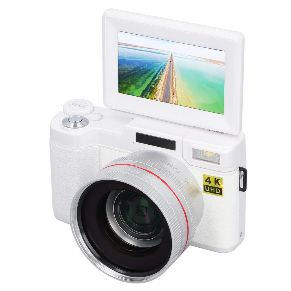 Zyyini 4K Digital Camera, 3.0 inch TFT 180 Degree Flip Screen 4K Digital Camera, Face Detection Autofocus Anti Shake Camcorder, 0.45X Wide Angle Macro Lens (White)