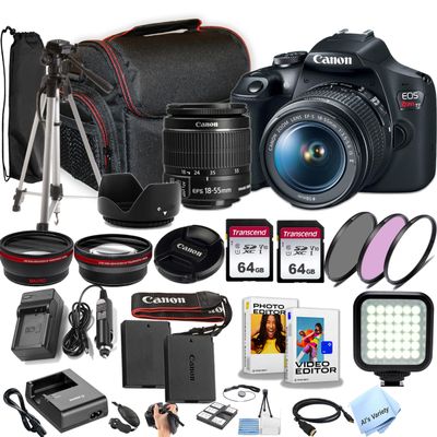 Canon EOS Rebel T7 w/EF-S 18-55mm F/3.5-5.6 Zoom Lens + 64GB Memory, Filters, Case, Tripod, LED Light, Lenses, and More (30pc DSLR Camera Bundle) (Renewed)