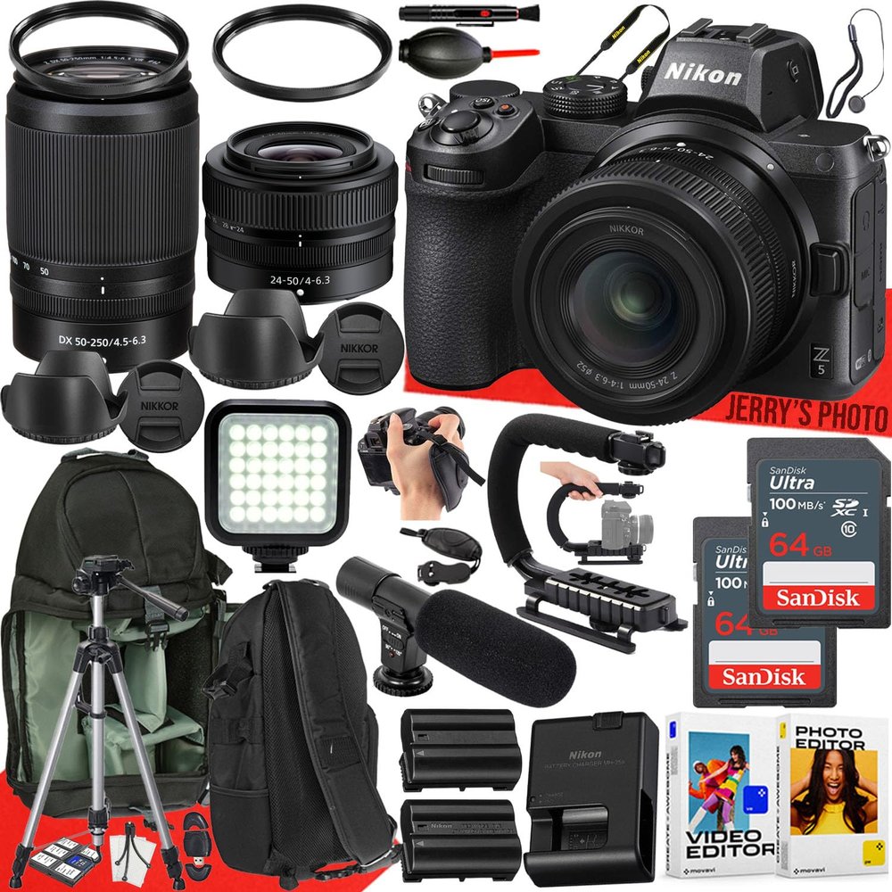 Nikon Z5 Mirrorless Camera with Nikon NIKKOR Z 24-50mm f/4-6.3 and NIKKOR Z DX 50-250mm f/4.5-6.3 VR Lens + 2pc 64 GB Memory + Video LED Light + Mic + More (35pc Bundle) (Renewed)